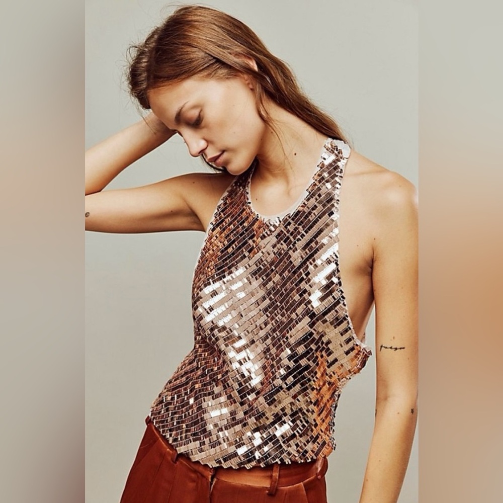 Free People Disco Fever tie back tank in copper/pink only w/ivory mesh small